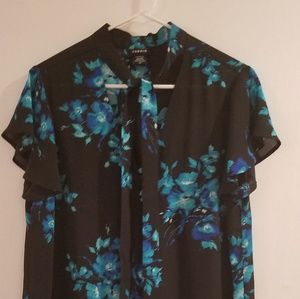 Torrid Tie-Neck Blouse - 00 - Black w Blue Flowers